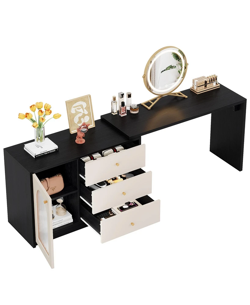 Tribesigns Modern Makeup Vanity, Retractable Large Vanity Desk with 3 Drawers and Cabinet, Makeup Corner Dressing Table for Bedroom