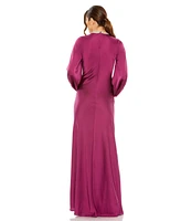 Mac Duggal Women's Ieena Satin Long Blouson Sleeve Evening Gown