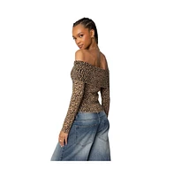 Edikted Women's Leopard Printed Fold Over Knit Top