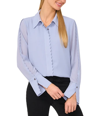 CeCe Women's Scalloped-Trim Collared Long-Sleeve Blouse