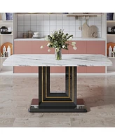 Table and chair set, 1 table with 4 black Pu chairs. White imitation marble pattern desktop. Black Mdf table legs, gold lines, black base.