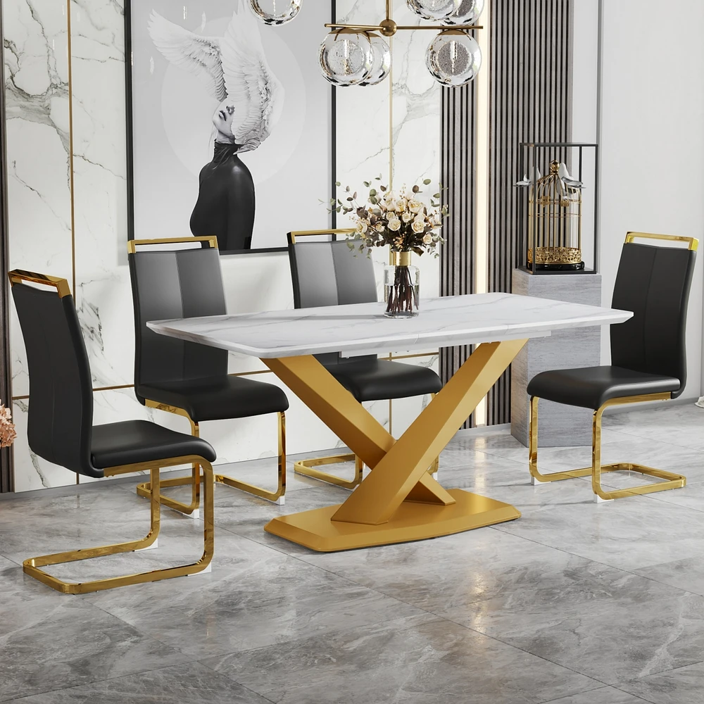 Streamdale Furniture Table and chair set, The table is equipped with a marble patterned Mdf tabletop and gold table legs.The chair is equipped with Pu