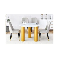 Table and chair set, round table with white marble pattern, gold Mdf table legs, soft and comfortable dining chair, suitable for kitchen and living ro