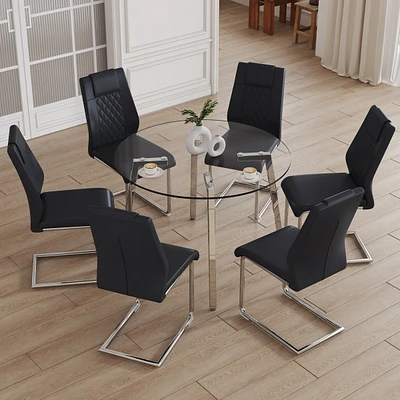 Table and chair set.a Modern Minimalist Style Round Clear Tempered Glass Table with silver Metal Legs.Paired with 6 chairs with Modern Pu Leather High