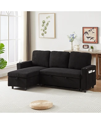 78.7" Comfortable Corduroy L-Shaped Combo Sofa Bed, Living Room Furniture Set for Tight Spaces, Reversible Sleeper Combo Sofa with Pullout Bed, R