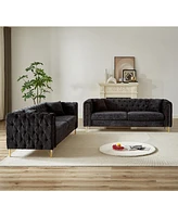 Chenille Pull Buckle Design Sofa for Living Room, Buttons Tufted With Copper Nail Decoration Armrest, Modern Couch Upholstered Button And Metal Legs