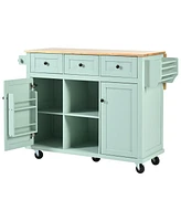 Simplie Fun Kitchen Cart with Rubber wood Drop-Leaf Countertop, Cabinet door internal storage racks, Kitchen Island on 5 Wheels with Storage Cabinet a