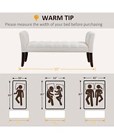 End of Bed Bench with Button Tufted Design, Upholstered Bedroom Entryway Bench with Arms and Solid Wood Legs for Bedroom, Cream White