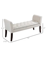 Streamdale Furniture End of Bed Bench with Button Tufted Design, Upholstered Bedroom Entryway Bench with Arms and Solid Wood Legs for Bedroom, Cream W