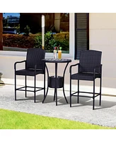 Rattan Wicker Bar Set for 3 Pcs with Ice Buckets, Patio Furniture with 1 Bar Table and 2 Bar Stools for Poolside, Backyard, Porches