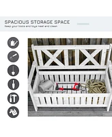 Patio Wooden Bench with Storage Box, 29 Gallon Outdoor Storage Bench, Large Entryway Deck Box w/ Unique X-Shape Back, for Deck, Porch & Balcony, White