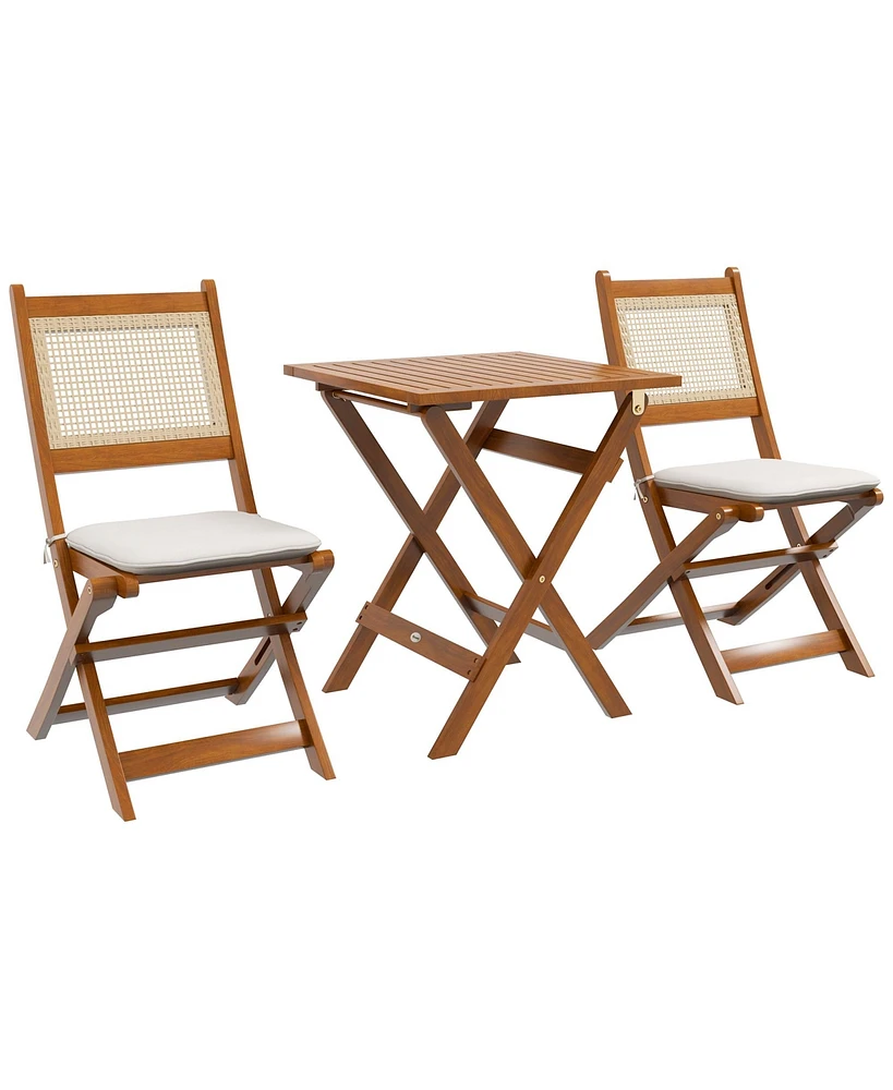 Simplie Fun 3 Pieces Patio Bistro Set Foldable Wooden Pe Rattan Conversation Furniture Outdoor with Cushions, for Porch, Backyard, Garden, Light Teak