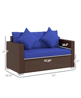 Patio Wicker Loveseat with Cushions, 2-Seat Outdoor Pe Rattan Couch Sofa with Throw Pillows, for Porch, Backyard, Garden, Poolside, Blue