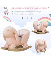 Simplie Fun Rabbit Wooden Rocking Horse with Simulated Sound, Wooden Base, Seat Belt, Plush Stuffed Rocking Chair for Baby, Toddler, 18