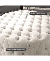 31.5" Round Ottoman, Large Velvet-Feel Upholstered Foot Stool with Button Tufted Design and Padded Seat for Living Room, Entryway, Beige