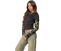 Edikted Women's Camo Layered Long Sleeve T Shirt - Dark