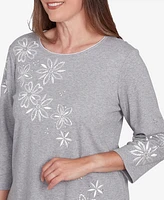 Alfred Dunner Petite Copenhagen Diagonal Flower Embroidered Crew Neck Top