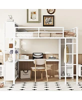 Metal Loft Bed with Wardrobe And L-shaped Desk, Full Size Loft Bed with Storage Cubes and Shelves, Heavy Duty Loft Bed for Kids Teens Adults, White(Pr