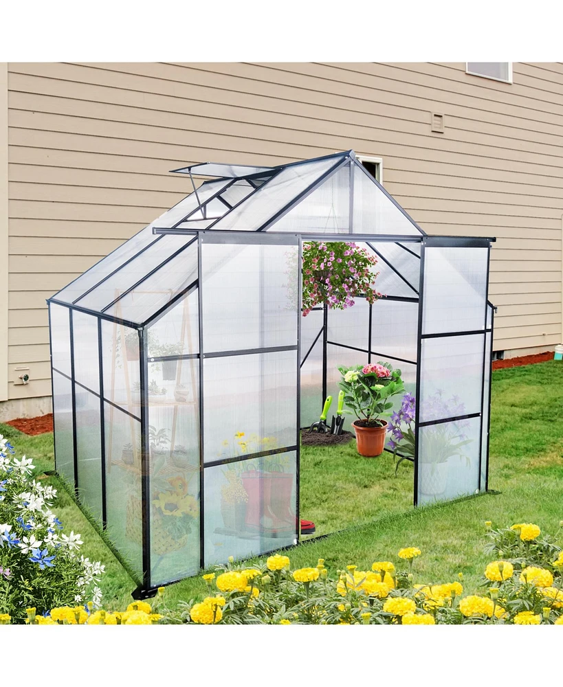 Simplie Fun 8X6FT-Black Double Door Polycarbonate Greenhouse Raised Base and Anchor Aluminum Heavy Duty Walk