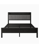 Simplie Fun Queen Size Bed Frame, Storage Headboard with Charging Station, Solid and Stable, Noise Free, No Box Spring Needed, Easy Assembly