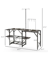 Folding Camp Kitchen Table, Portable Camping Cooking Station with Adjustable Lantern Holder, Hanging Hooks and Carrying Bag for Outdoor Picnic Beach B