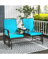 Simplie Fun Outdoor Glider Bench with Center Table, Metal Frame Patio Loveseat with Breathable Mesh Fabric and Armrests for Backyard Garden Porch, Blu