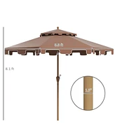 9' Patio Umbrella with Push Button Tilt and Crank, Double Top Ruffled Outdoor Market Table Umbrella with 8 Ribs, for Garden, Deck, Pool, Brown