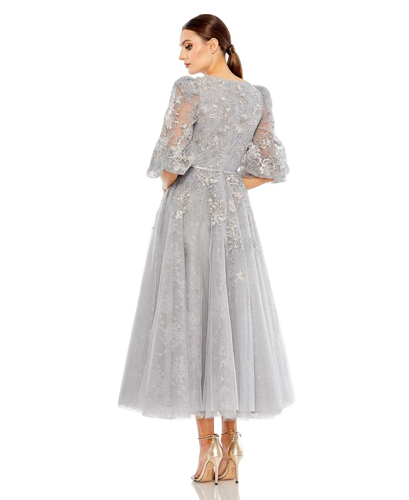 Mac Duggal Women's High Neck Puff Sleeve Embellished Gown