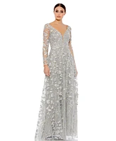 Mac Duggal Women's Floral Applique Long Sleeve Illusion Gown