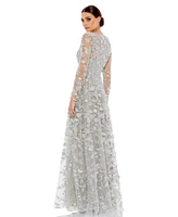 Mac Duggal Women's Floral Applique Long Sleeve Illusion Gown