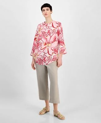 Charter Club Womens Printed Linen 3 4 Sleeve Tunic Linen Solid Cropped Pull On Pants Exclusively At Macys