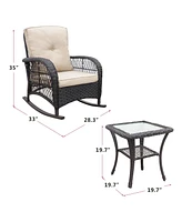 3 Pieces Conversation Set, Outdoor Wicker Rocker Patio Bistro Set, Rocking Chair with Glass Top Side Table