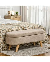Storage Ottoman Bench, 43.3" Teddy Fleece Upholstered End of Bed Bench with Wood Legs and Padded Seat, Oval Modern Entryway Bench, Beige