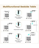 Gymax Nightstand Bedside Table Swivel Laptop Tray with Charging Station and Led Lights