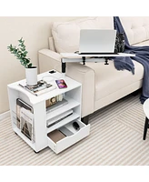 Gymax Nightstand Bedside Table Swivel Laptop Tray with Charging Station and Led Lights