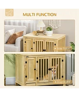 Simplie Fun Wood Dog Crate Furniture with Hidden Food Bowl in Drawer, Dog Crate End Table with Cushion, Double Doors, for Small Dogs Indoor Use, Natur