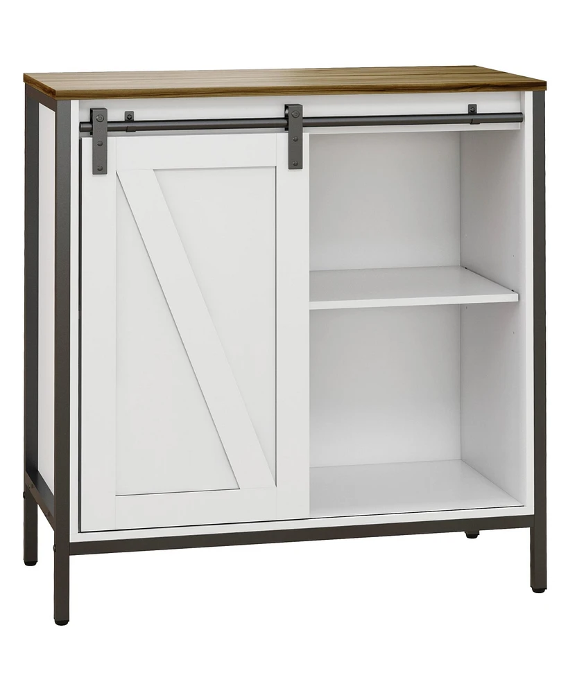 Farmhouse Sideboard Buffet Cabinet, Coffee Bar Cabinet with Sliding Barn Door and Adjustable Shelf, Kitchen Storage Cabinet with Metal Frame, White an