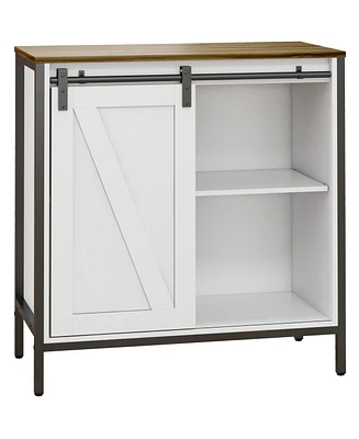 Farmhouse Sideboard Buffet Cabinet, Coffee Bar Cabinet with Sliding Barn Door and Adjustable Shelf, Kitchen Storage Cabinet with Metal Frame, White an