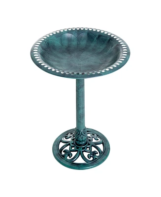 Simplie Fun 28'' Bird Bath Outdoor Resin Decor with Fleur De Lis Pattern, Time-Worn Finish