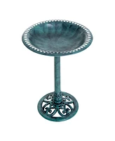 Simplie Fun 28'' Bird Bath Outdoor Resin Decor with Fleur De Lis Pattern, Time-Worn Finish