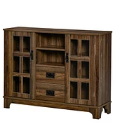 Sideboard Buffet Cabinet, Glass Door Kitchen Cabinet, Coffee Bar Cabinet with Storage Drawers & Adjustable Shelves for Living Room, Dark Walnut