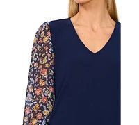 CeCe Women's V-Neck Mixed-Media Floral 3/4-Sleeve Top