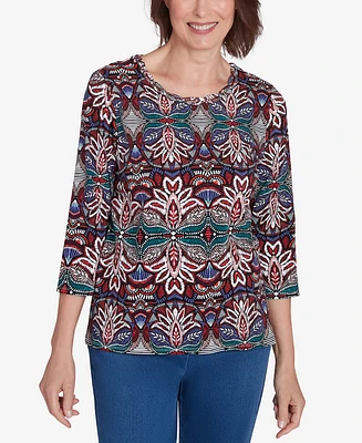 Alfred Dunner Petite Key Items Abstract Leaf Print Three Quarter Sleeve Top