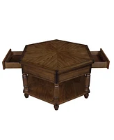 Simplie Fun 2 Tier Retro Hexagon Living Room Solid Wood Coffee Table with Shelf & Drawer, 36" Mid