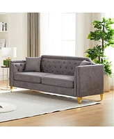 61.5" Mid-century design modern sofa, Chenille Pull Buckle Design Sofa for Living Room, Buttons Tufted With Copper Nail Decoration Armrest, with