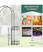7' Garden Arch Arbor, Metal Arch Trellis with Gate, Garden Archway for Climbing Vines, Wedding Ceremony Decoration, Black