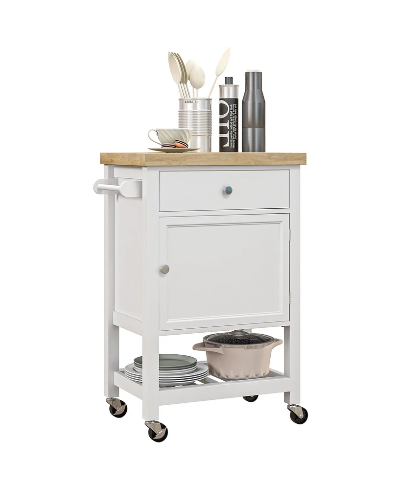 Simplie Fun Utility Kitchen Cart, Rolling Kitchen Island with Smooth Rubberwood Top, Narrow Butcher Block Surface on Wheels with Storage Drawer & Cabi