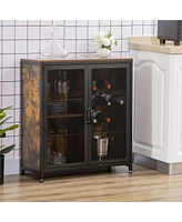 Streamdale Furniture Industrial Wine Cabinet with 9 Bottle Wine Rack, Retro Liquor Cabinet with Glass Holders, Mesh Doors, and Storage Shelf for Home