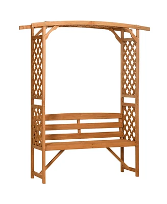 Streamdale Furniture Patio Garden Bench Arbor Arch with Pergola and 2 Trellises, 3 Seat Natural Wooden Outdoor Bench for Grape Vines & Climbing Plants