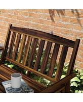 Wood Outdoor Bench, 2-Person Garden Bench with Cupholder Armrests, Slatted Seat and Backrest, Park Bench for Patio, Porch, Lawn, Deck, Carbonized